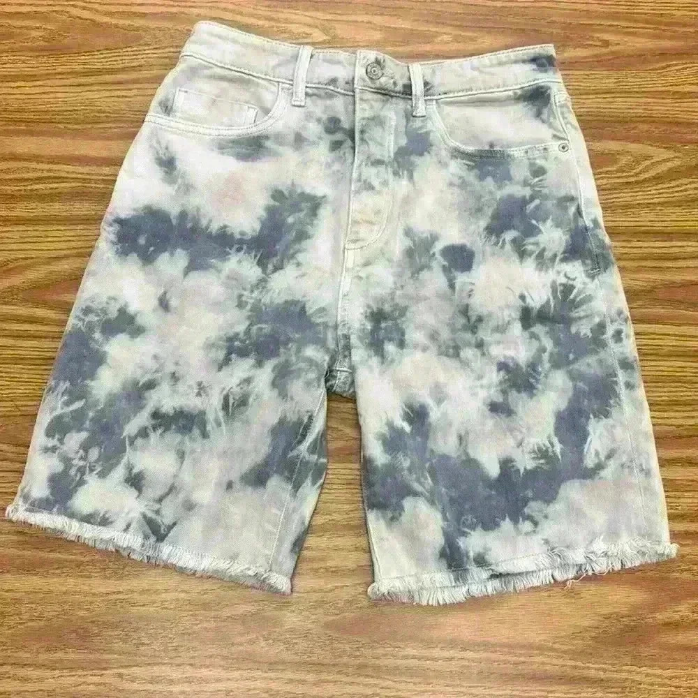 Anthropologie Pilcro Ultra High Rise Denim Bermuda Shorts Raw Hem Blue/White 28